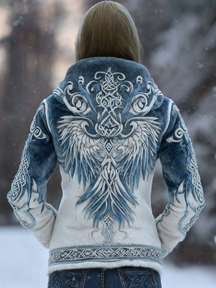 Viking Retro Angel Wings Celtic Knot Gradient Blue Flannel Hoodie