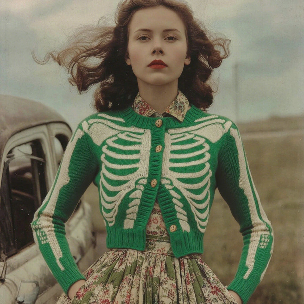 Women's Vintage Skull Ribs Pattern Cozy Knit Sweater Cardigan