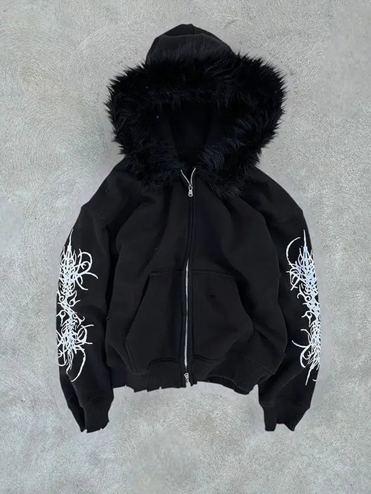 Vintage Fur Collar, Printed Sleeves, Loose-fitting Zip-up Hooded Sweatshirt