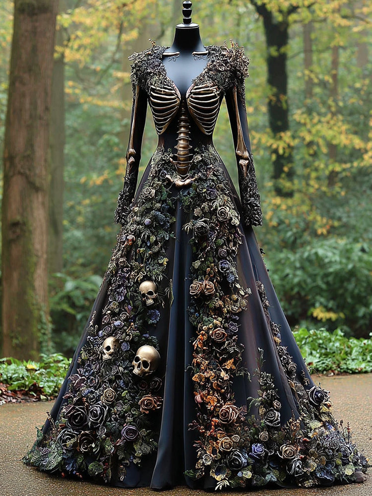 Women's Floral Moss Human Skull Pattern Maxi Dress