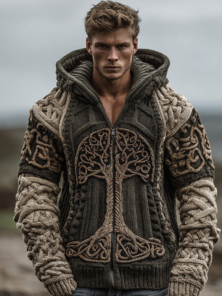 Men's Viking Tree Of Life Celtic Art Knit Hooded Zip-up Sweater
