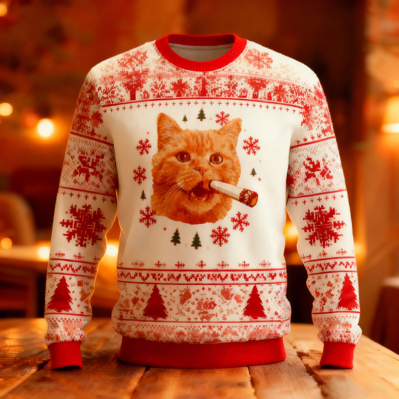 Cute And Quirky Cat Pattern Warm Crew Neck Sweater