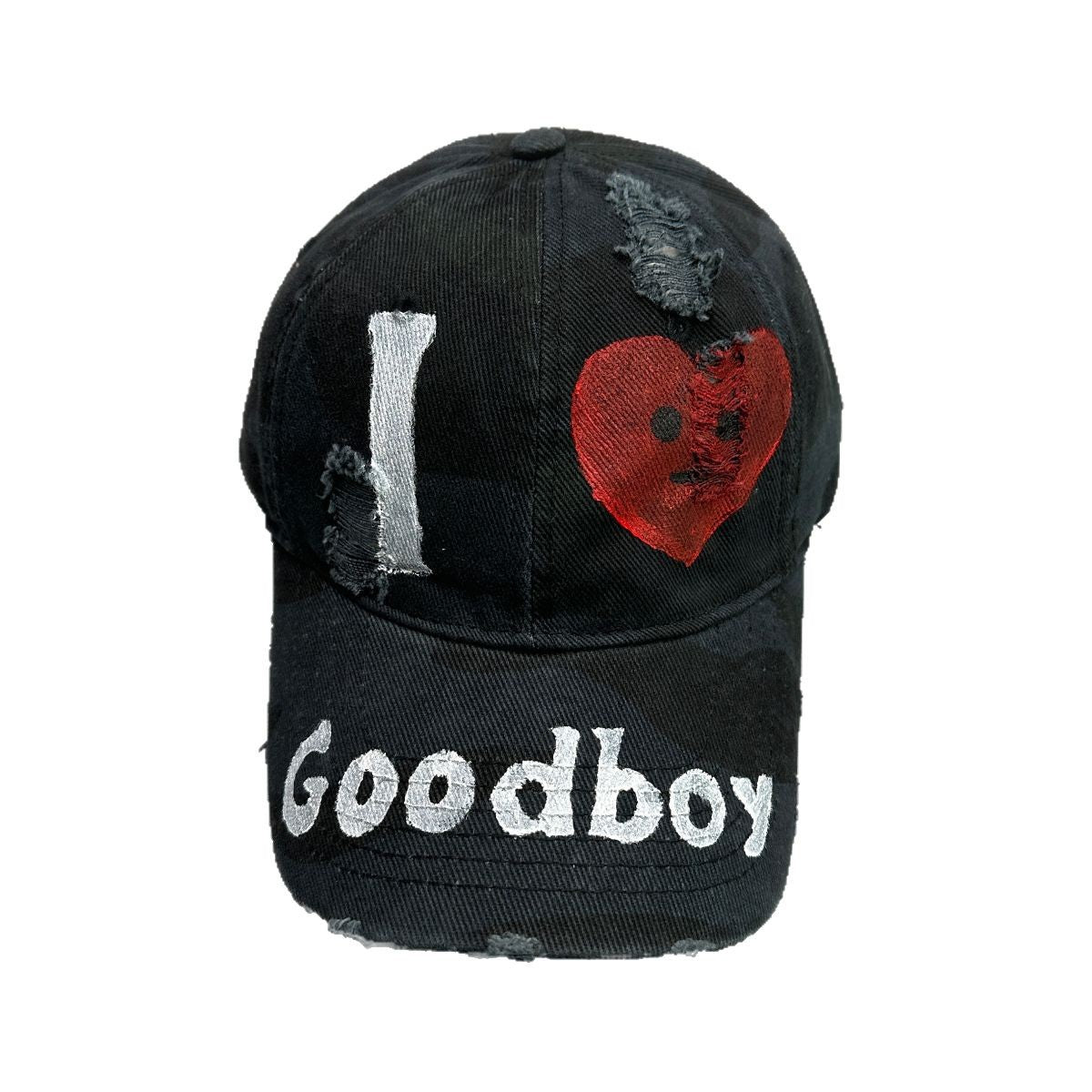 American-style Good Boy Printed Letter Heart Distressed Camouflage Baseball Cap