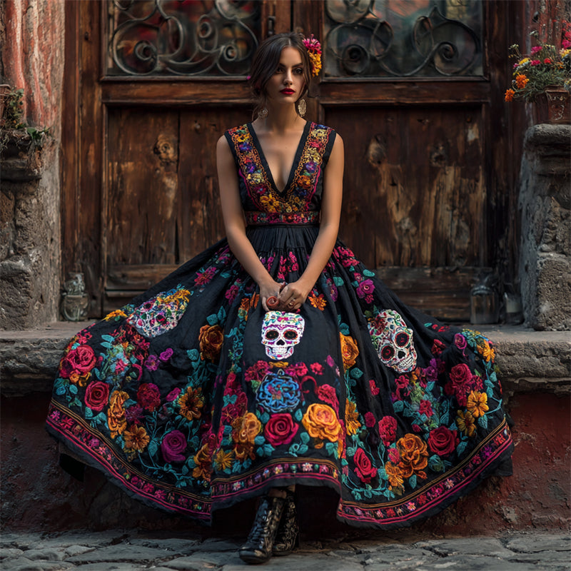 Day Of The Dead Sugar Skulls Mexican Floral Linen Maxi Dress