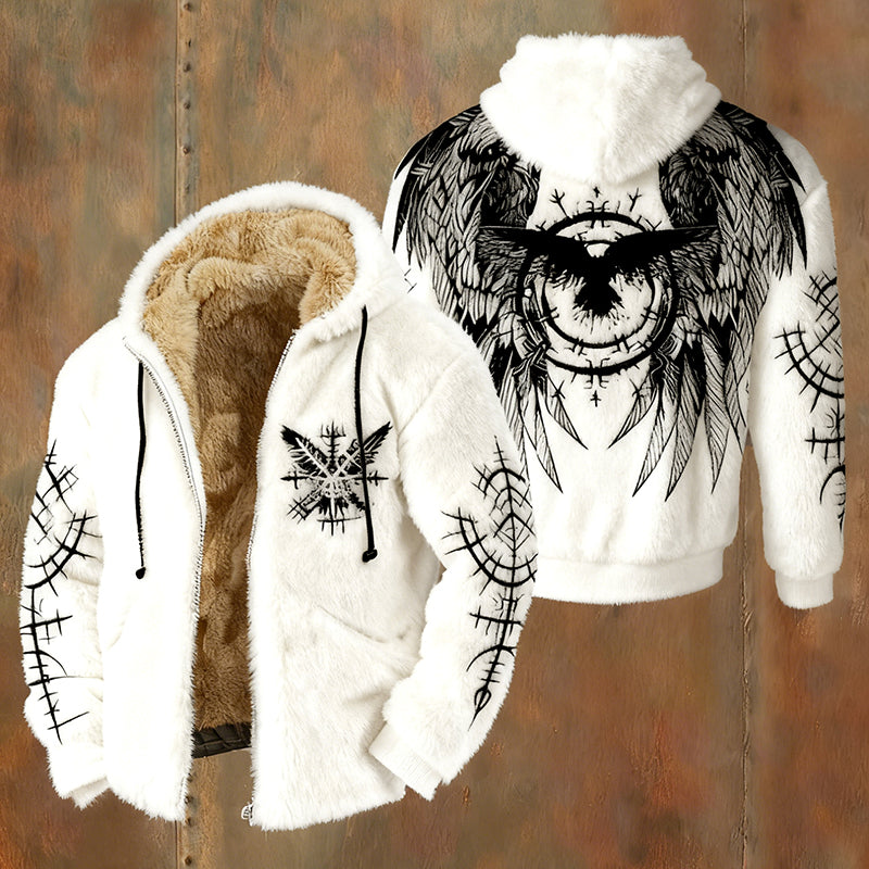 Men's Viking Wing Runes Flannel Cozy Warm Zipped Hooded Jacket