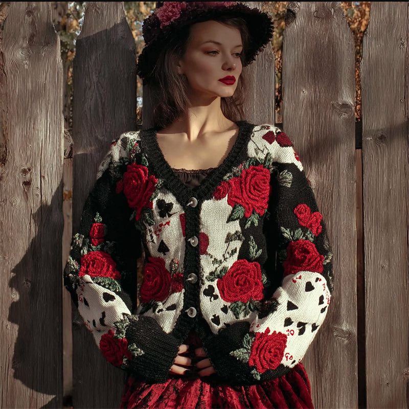 80s Retro Poker Inspired Red Roses Colorblock Cozy Knit Cardigan