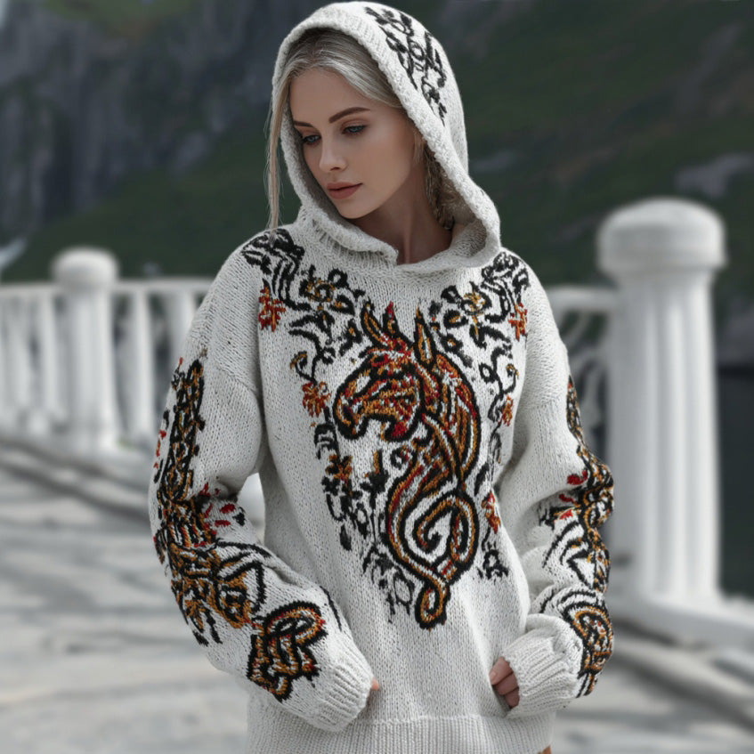 Women's Retro Celtic Horse And Floral Pattern Comfortable Hooded Sweater