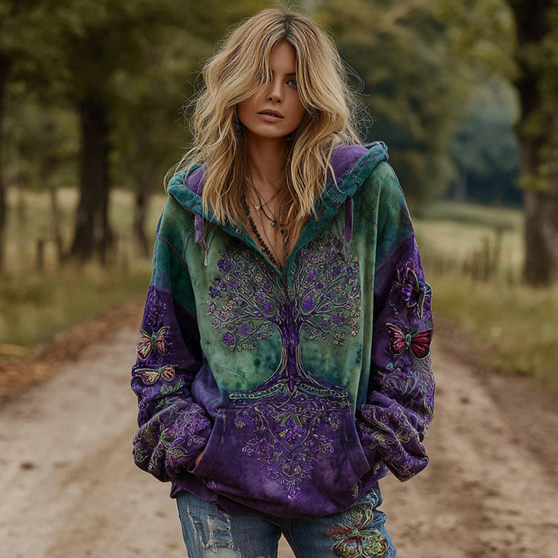 Women's Vintage Viking Tree Of Life Gradient V-neck Casual Hoodie