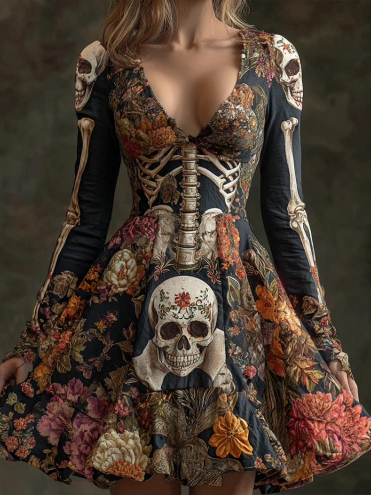 Day Of The Dead Lady Retro Cotton-blend V-neck Long-sleeve Lace Dress