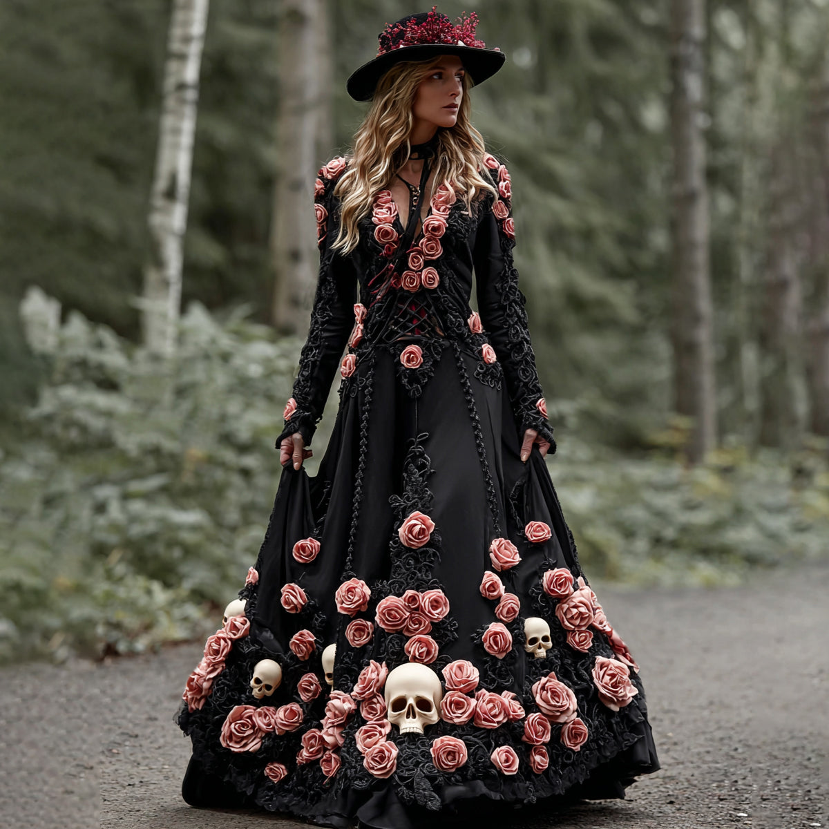 Women's Elegant Pink Rose Skull Pattern V-neck Long Sleeve Maxi Dress