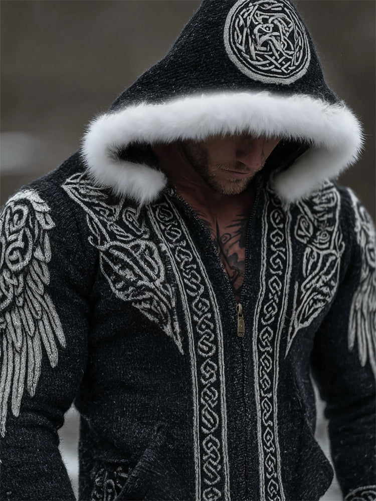 Men's Viking Wings Celtic Contrast Fur Trim Hooded Cardigan