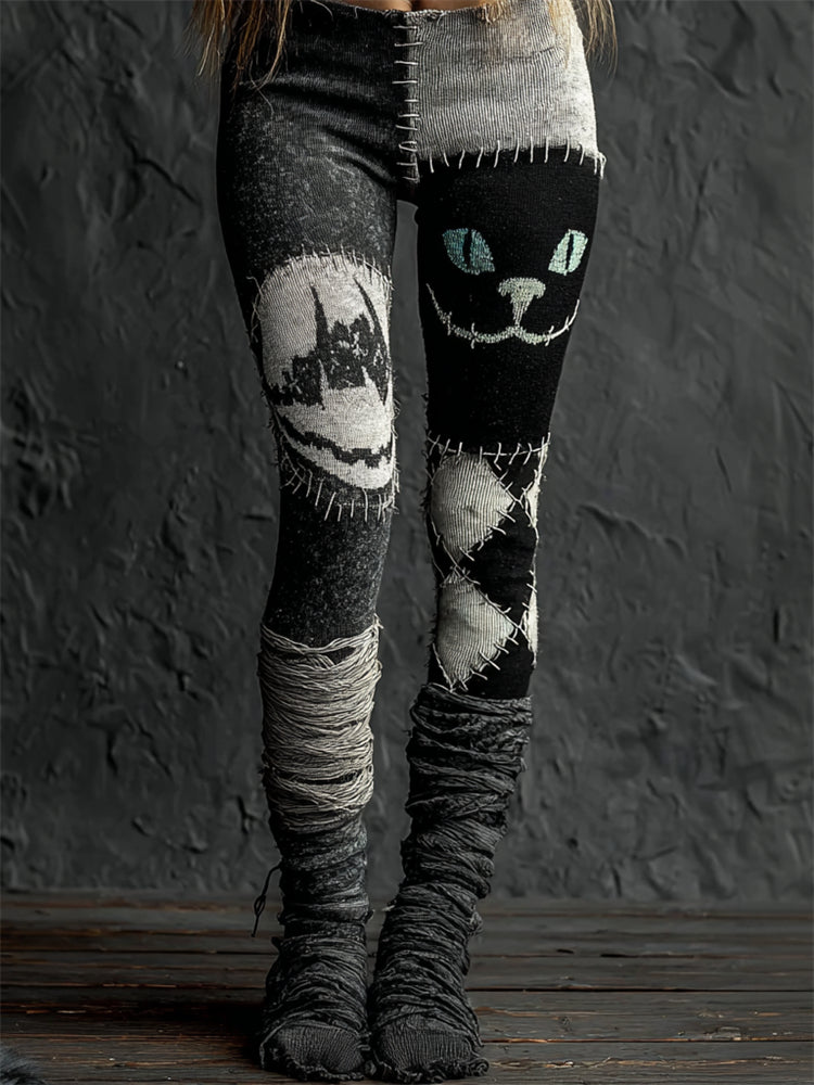 Halloween Cat Face Diamond Pattern Bandages Patchwork Cozy Knit Leggings