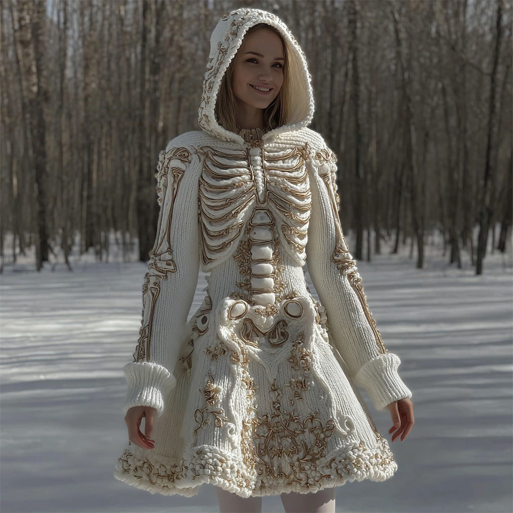Women's Halloween Skeleton Anatomy Art Knitted Hooded Flared Dress
