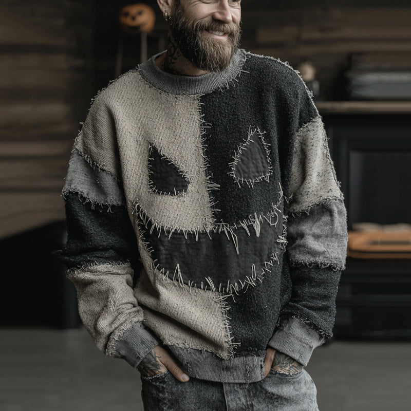 Men's Halloween Spooky Face Colorblock Stitched Cozy Knit Sweater