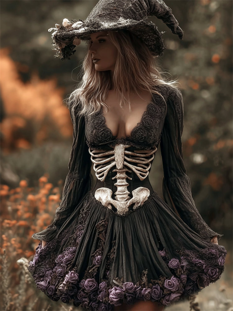 Halloween Skeleton Purple Roses Flowy Linen Mini Dress