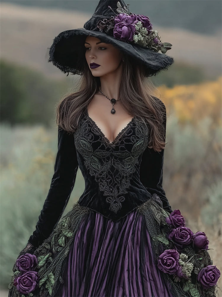 Halloween Vintage Roses Fiber Art Witch Velvet Maxi Dress