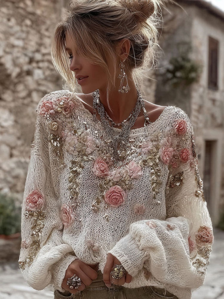 Women's Vintage Pink Flowers Art Cozy Knit Pullover Sweater