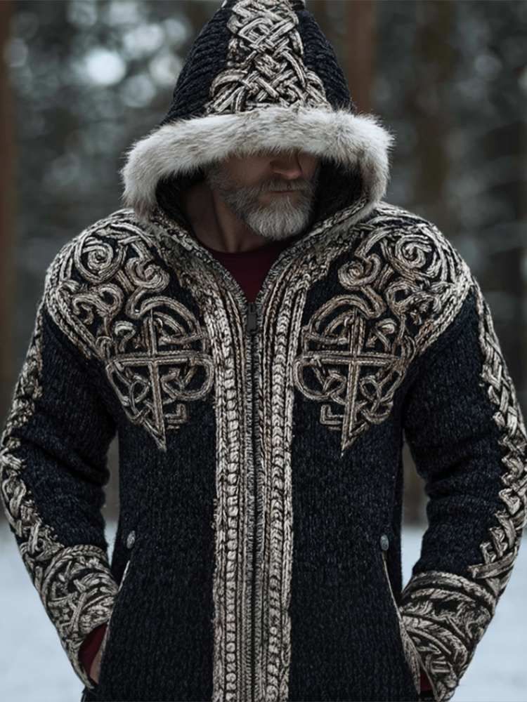 Viking Retro Men's Hooded Knit Sweater Jacket