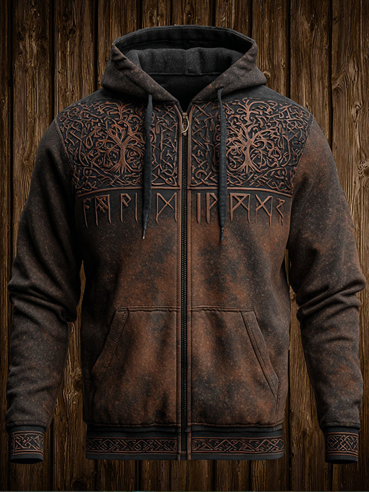 Men's Retro Viking Tree Of Life And Rune Art Warm Jacket
