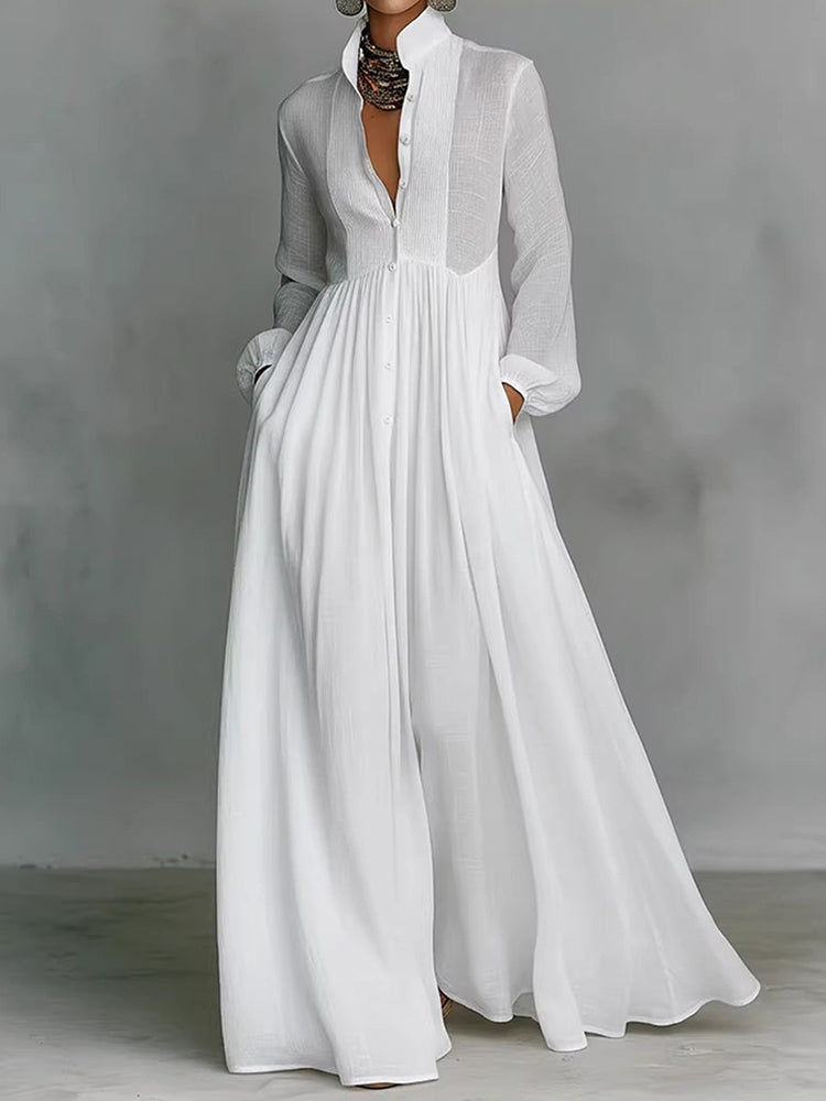 Women's Casual Solid Color Pleated Cotton Linen Maxi Dress