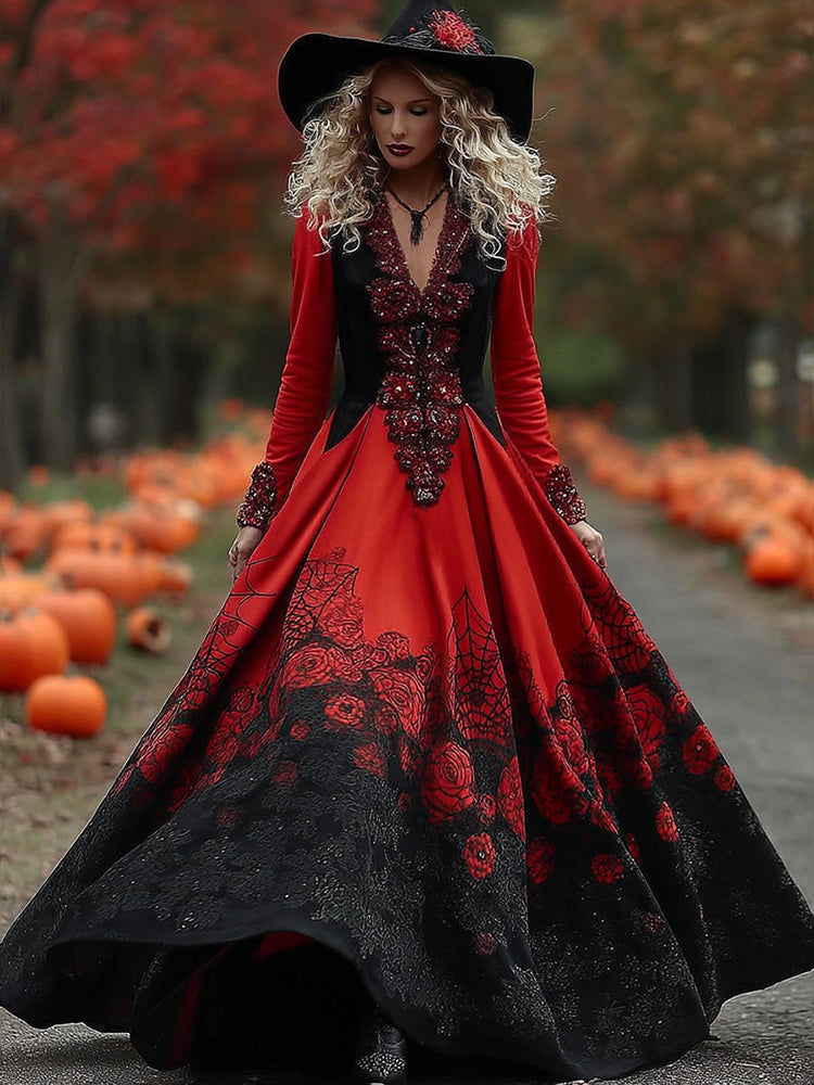 Women's Vintage Halloween Black Roses And Spider Web Art Comfy Velvet Maxi Dress