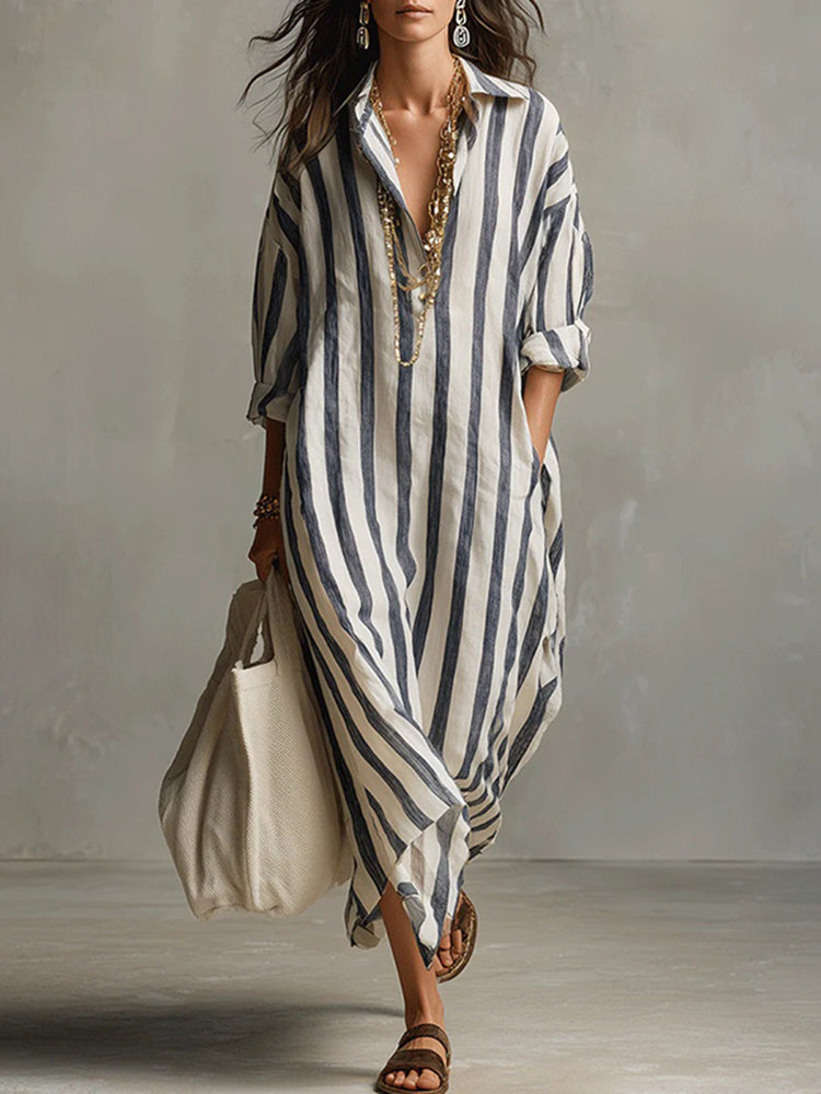 Women's Casual Striped Cotton Linen Maxi Shirt Dress