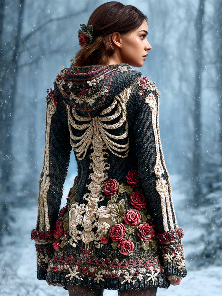 Retro Floral & Skeleton Art Women's Knit Hooded Mini Dress