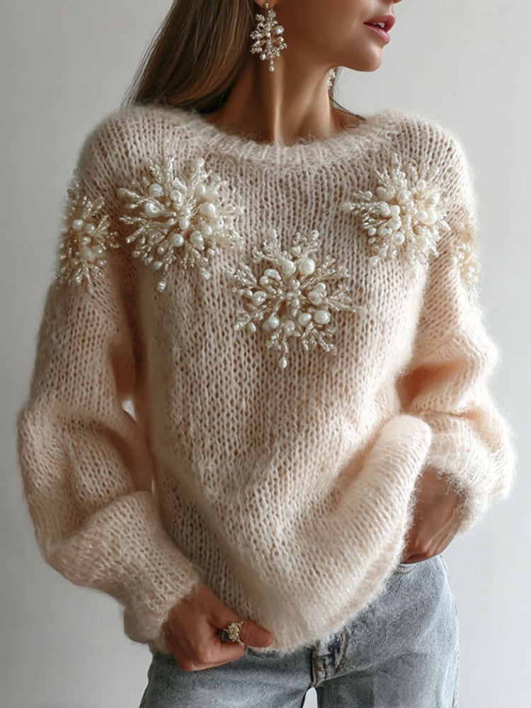 Women's White Christmas Decorations Snoeflake Art Crew Neck Sweater