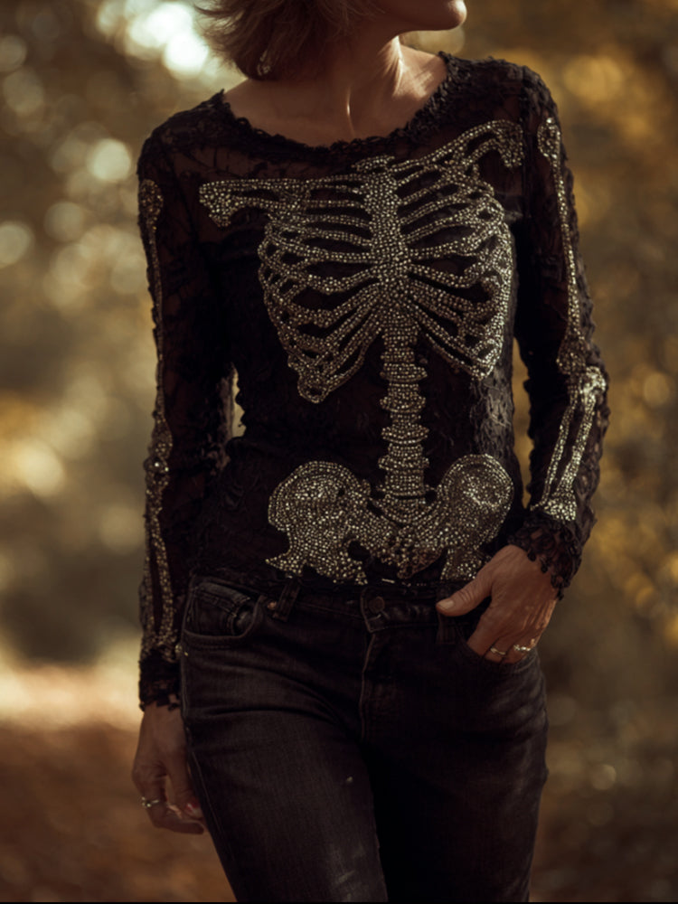 Women's Halloween Diamond Skull Lace Edge Round Neck Sweater