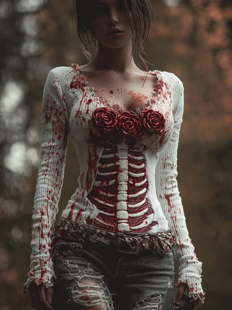 Classy Skeleton Bloody Roses V Neck Halloween T Shirt