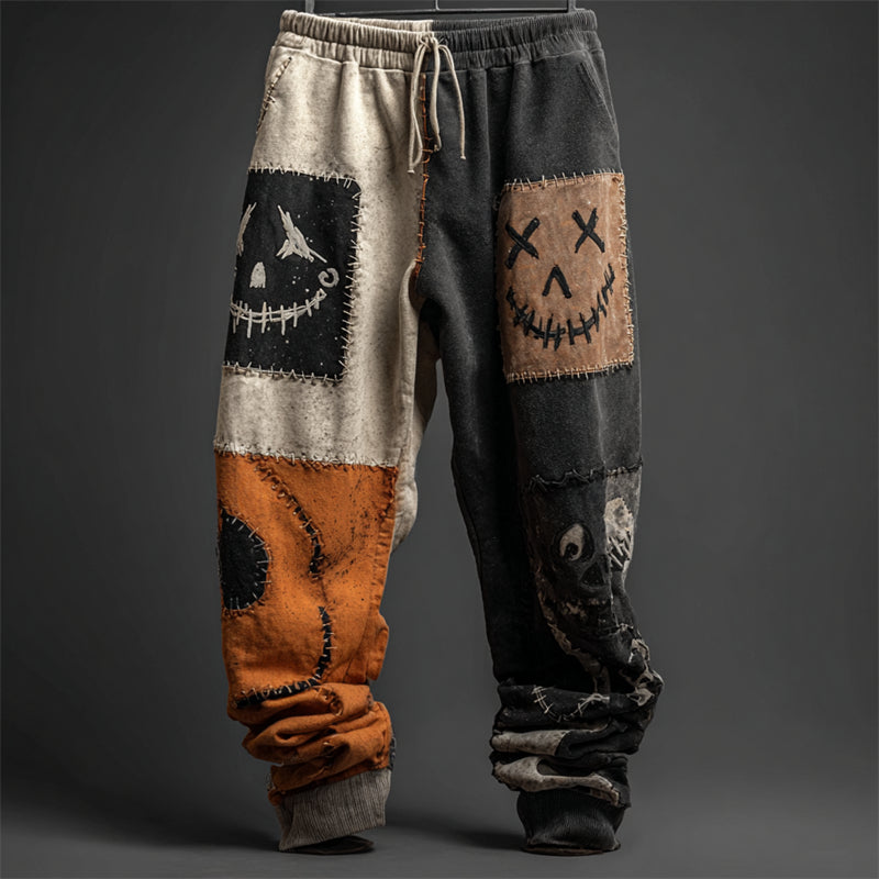 Halloween Stitched Faces Colorblock Patchwork Sweatpants