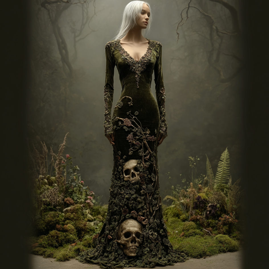 Halloween Dark Forest Ladies V-neck Velvet Long Dress