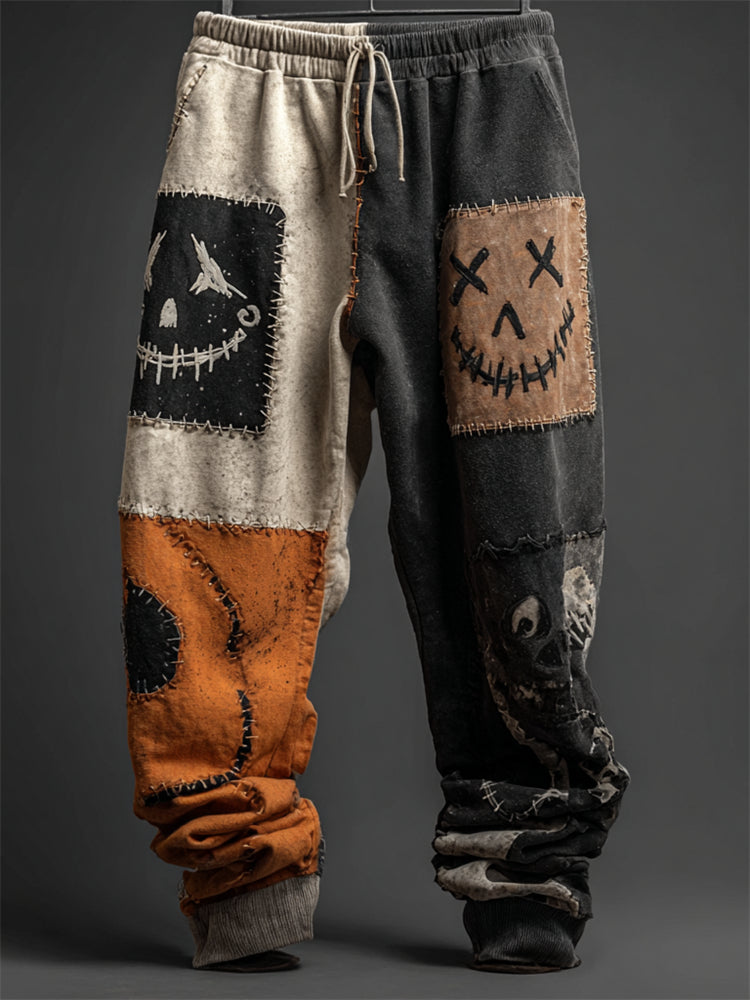 Halloween Stitched Faces Colorblock Patchwork Sweatpants