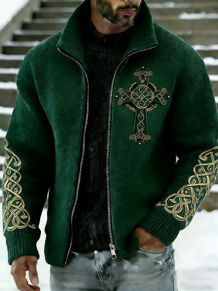 Men's Vintage St. Patrick's Day Printed Knitted Zip-up Fleece Jacket