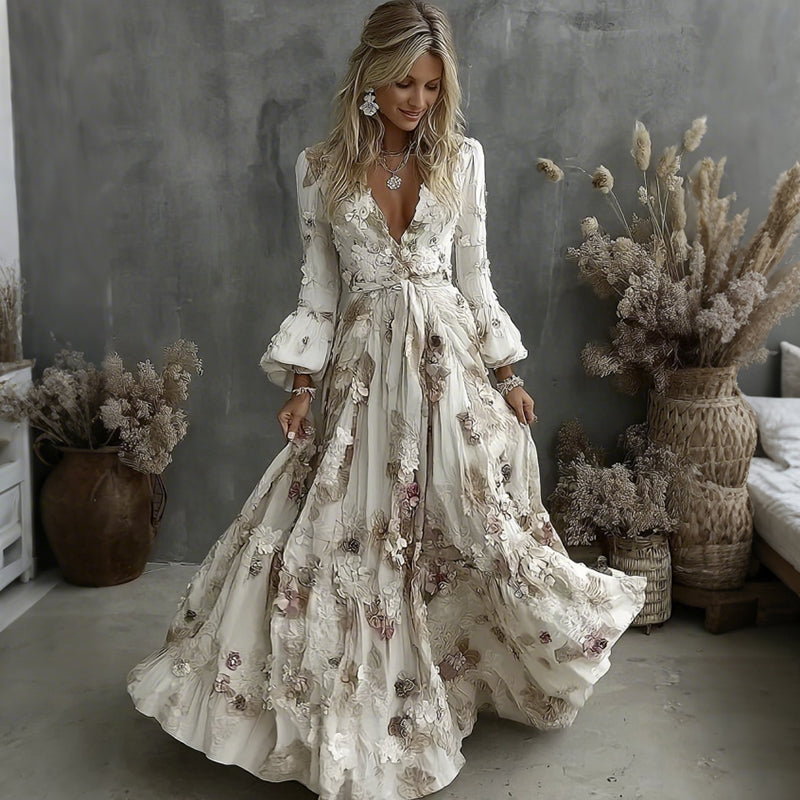 Women's Vintage Floral Pattern V Neck Casual Maxi Dress