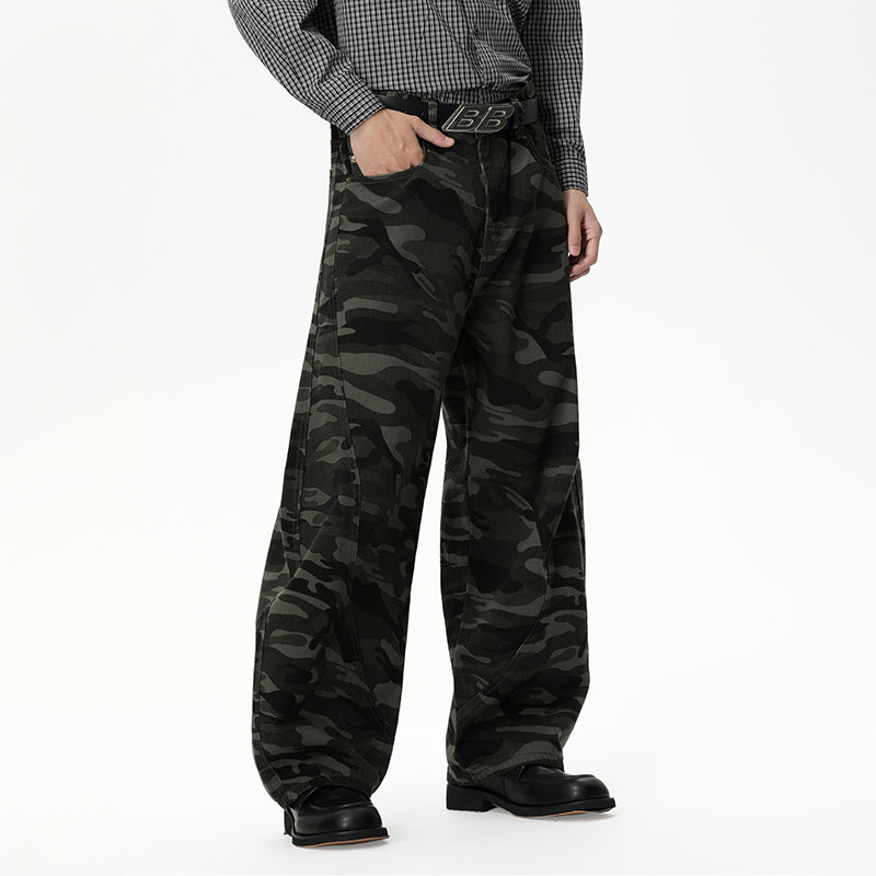 Vintage Washed Green Camouflage Loose-fitting Baggy Jeans