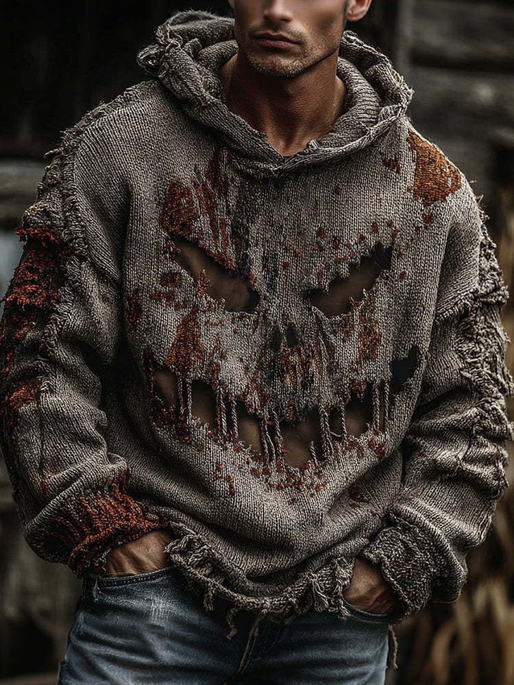 Men's Halloween Rusty Spooky Face Inspired Knitted Distressed Hooded Sweater