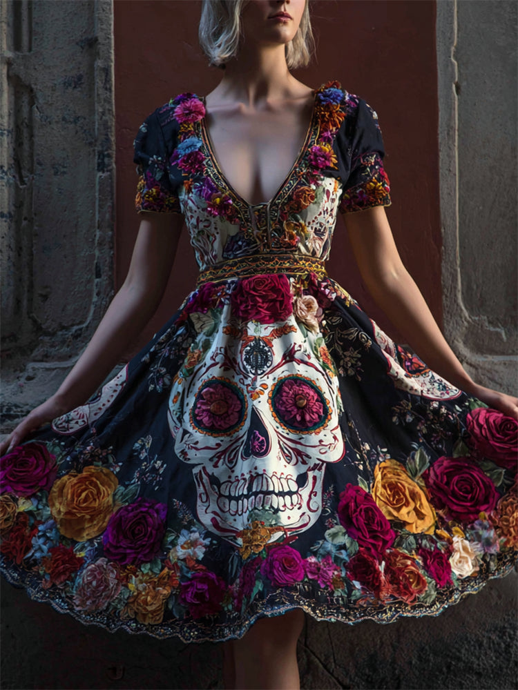 Day Of The Dead Sugar Skulls Floral Beaded Wide Skirted Linen Dress