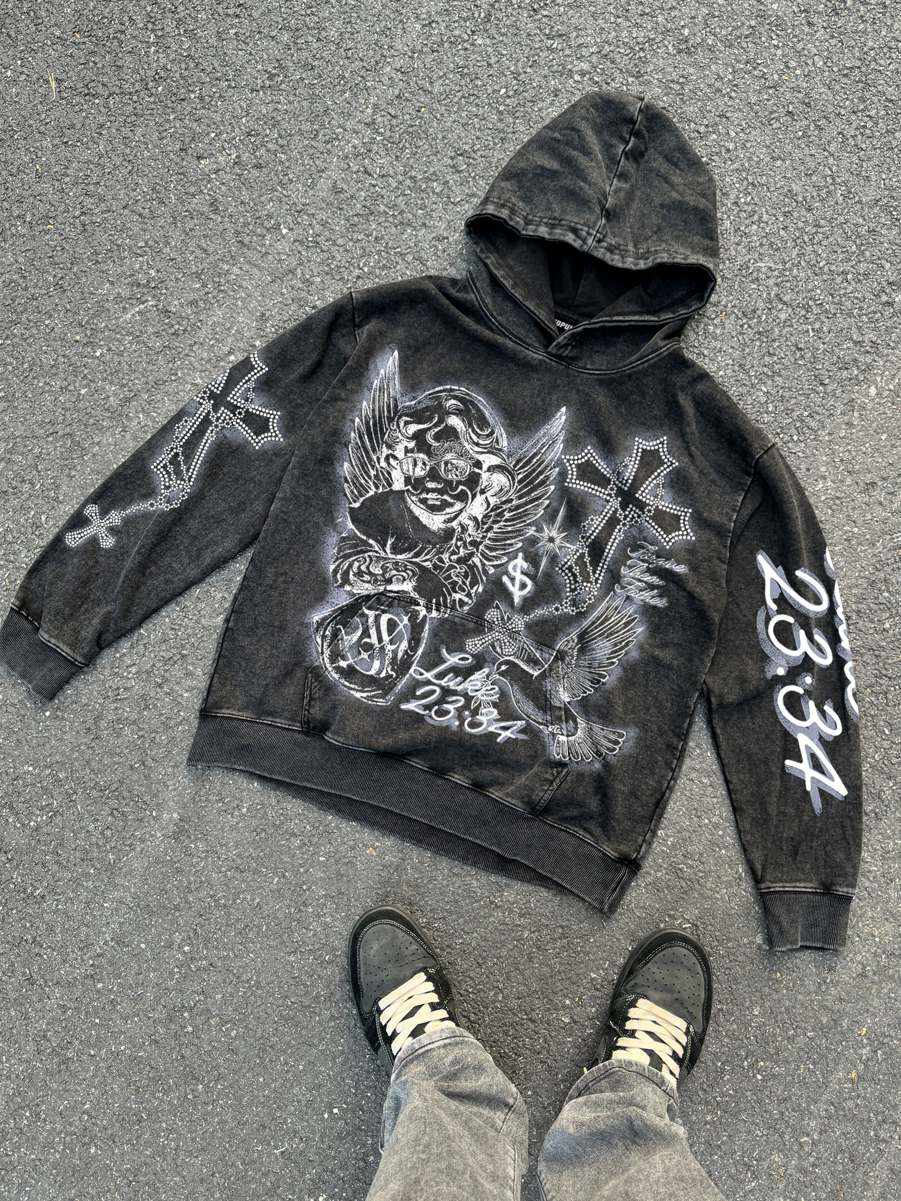 Angel Cross Graffiti Street Graphic Acid Wash Oversized Hoodie