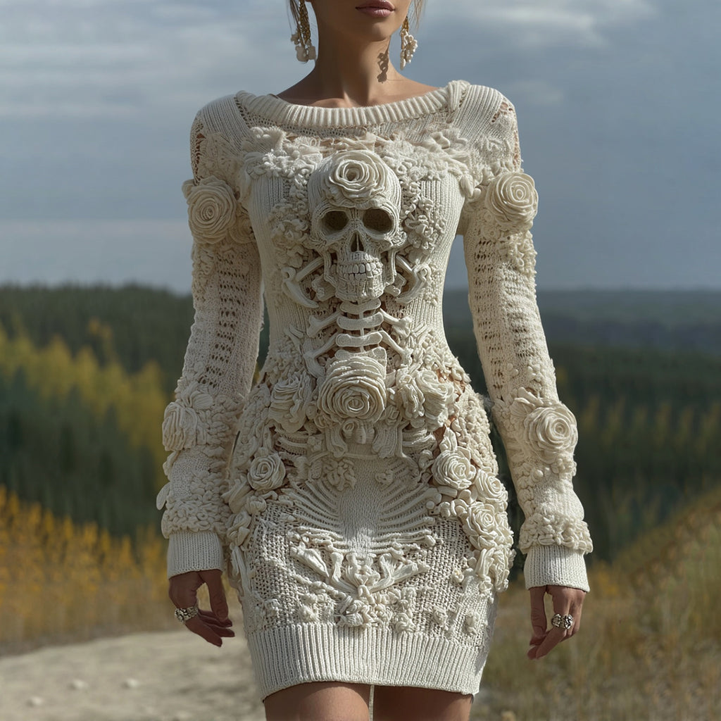 Women's Vintage Halloween Skull With Rose Art Cozy Knit Mini Sweater Dress