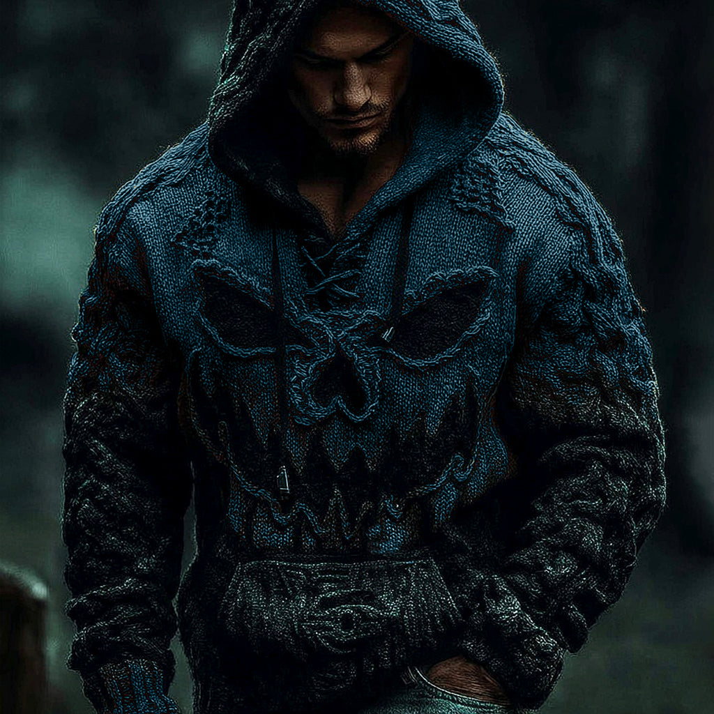 Men's Halloween Pumpkin Face Gradient Jacquard Knit Hooded Sweater