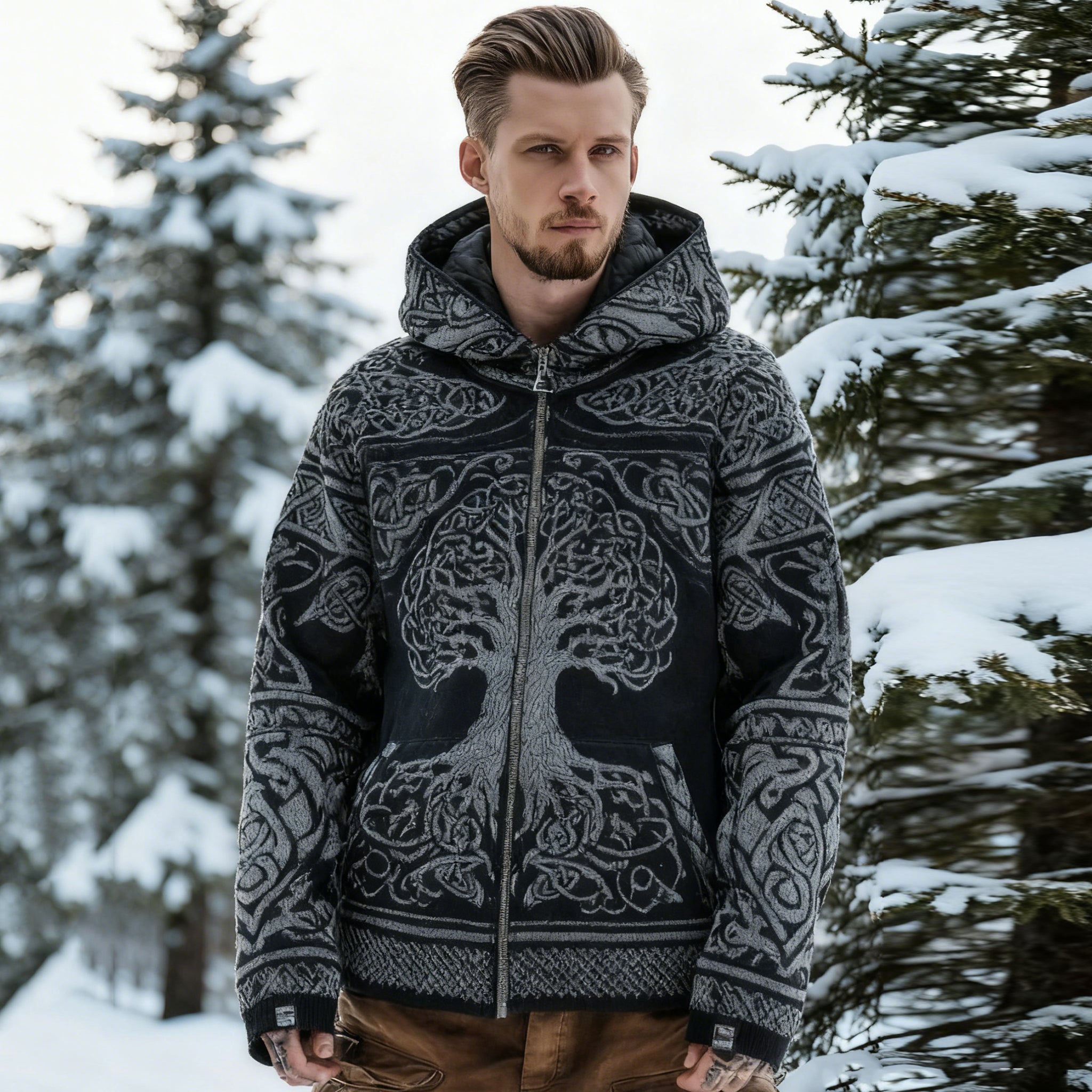 Men's Retro Viking Style Tree Of Life Pattern Full Zipper Comfortable Hoodie