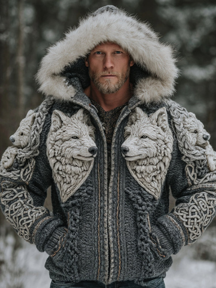 Men's Viking Celtic Knot Wolf Art Cozy Fur Collar Knit Hooded Sweater Jacket