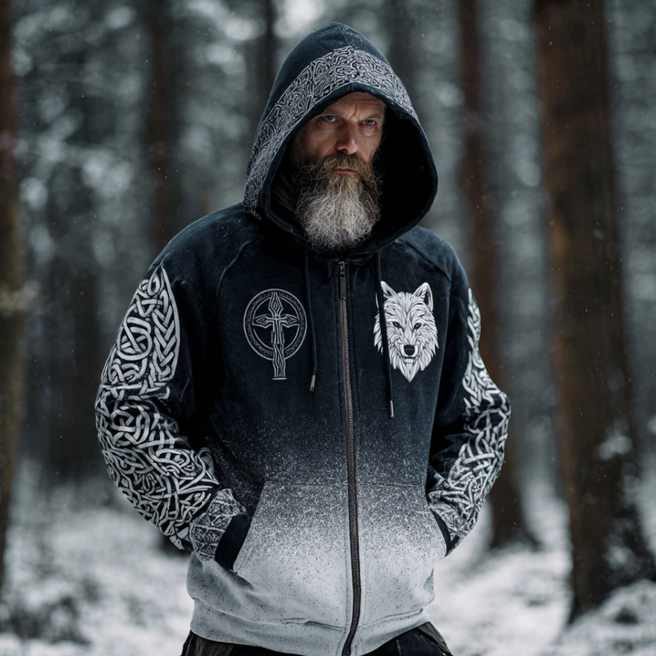 Men's Black And White Gradient Wolf Head Design Hooded Sweatshirt Jacket