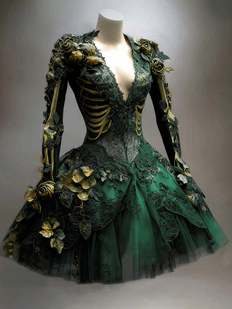 Women's Gothic Skull And Branches Pattern Witch Midi Dress