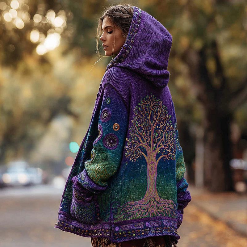 Women's Vintage Boho Tree Of Life And Floral Pattern Button-down Knitted Cardigan