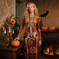 Vintage Halloween Skeleton Bones With Roses Flowy Velvet Maxi Dress