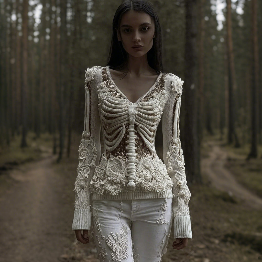 Women's Vintage Skull Sequined Knitted V-neck Sweater