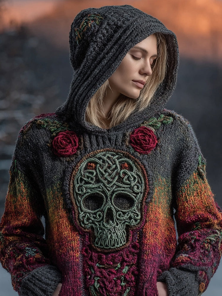 Vintage Red Roses Viking Celtic Skull Hooded Cozy Knit Sweater