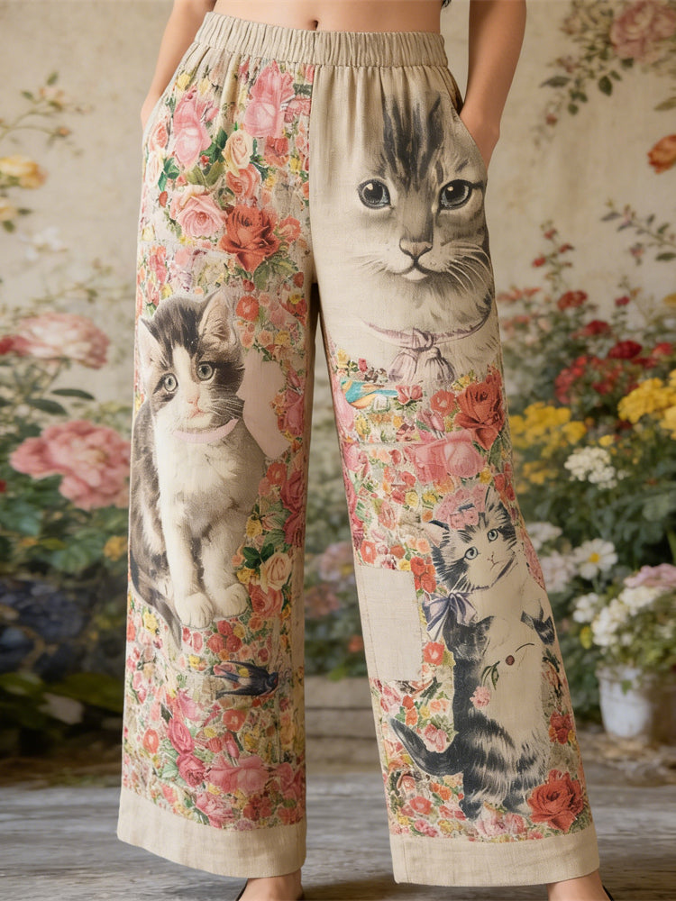 Boho Floral Cat Pattern Vintage Women's Linen Trousers